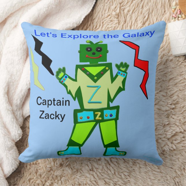 Green Boy Robot Captain Zacky Galaxy Explorer Throw Pillow (Blanket)