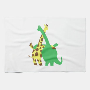 Green Brachiosaurus and giraffe hugs cartoon Kitchen Towel