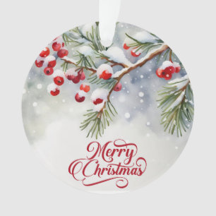 Green Branch with Red Berries Merry Christmas Ornament