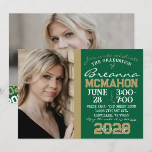Green & Bronze Gold Graduation 2 Photo Invitation