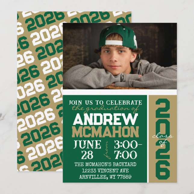 Green & Bronze Gold Graduation Photo Invitation (Front/Back)