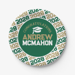 Green, Bronze Gold & White Graduation Personalized Paper Plate