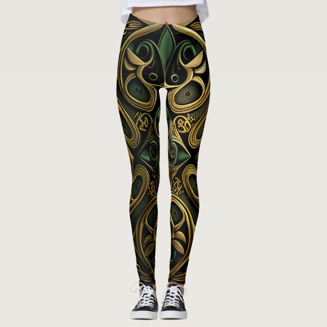 Green Bronze Ornamental Plaid Decoration Pattern Leggings (Front)