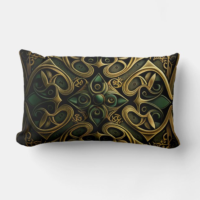 Green Bronze Ornamental Plaid Decoration Pattern Lumbar Pillow (Front)