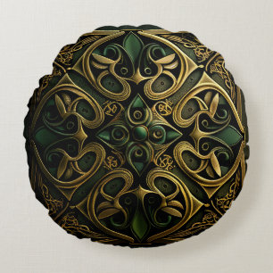 Green Bronze Ornamental Plaid Decoration Pattern Round Pillow