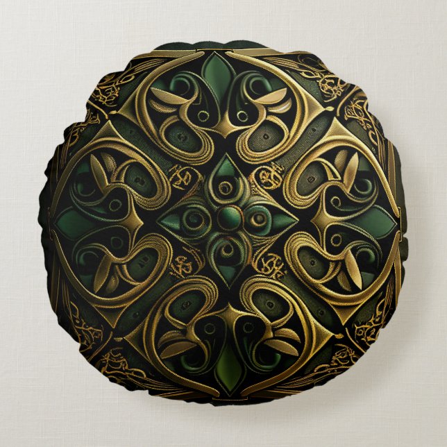 Green Bronze Ornamental Plaid Decoration Pattern Round Pillow (Front)