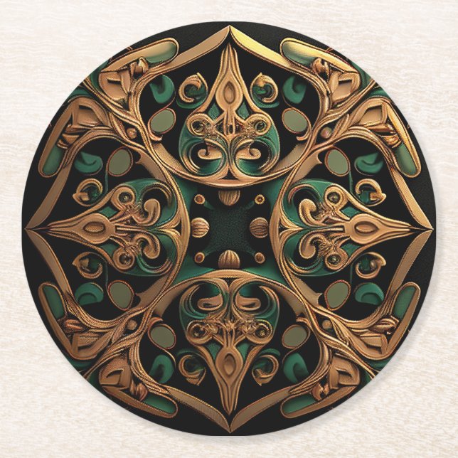 Green Bronze Ornamental Plaid Pattern Decoration Round Paper Coaster (Front)