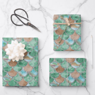 Green, Brown and Silver Mermaid Scales  Wrapping Paper Sheet