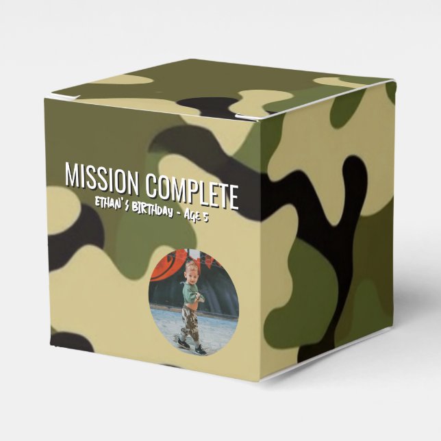 Green, Brown, and Tan Camo Mission Complete Favor Box (Front Side)