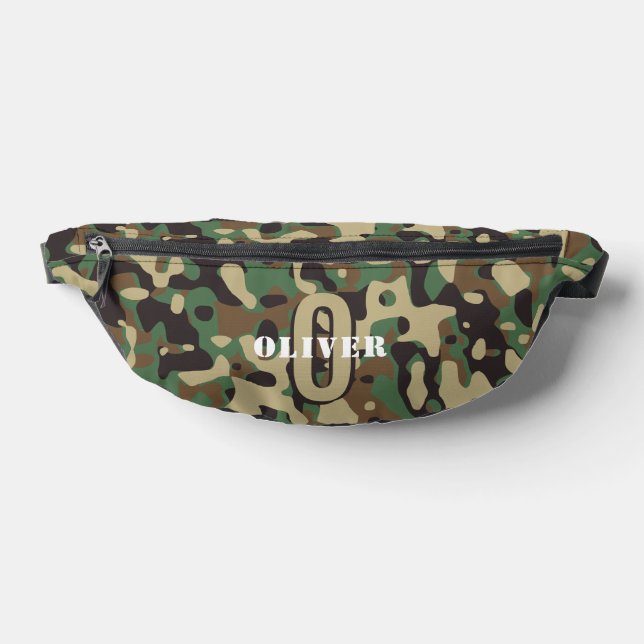 Green Brown Beige Camo Camouflage Monogram Name Fanny Pack (Lay Down)