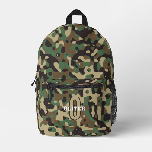 Green Brown Beige Camo Camouflage Monogram Name Printed Backpack (Front)