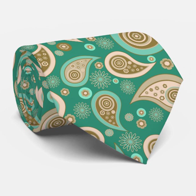 Green brown beige elegant vintage paisley pattern tie (Rolled)