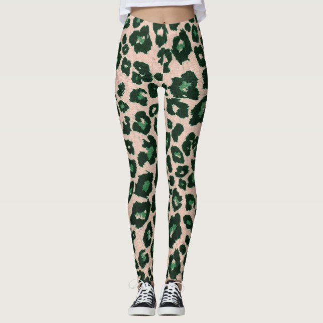 Green Brown Black Leopard Animal Print Leggings (Front)
