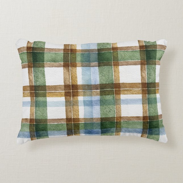 Green Brown Blue Plaid Stripes Accent Pillow (Front)