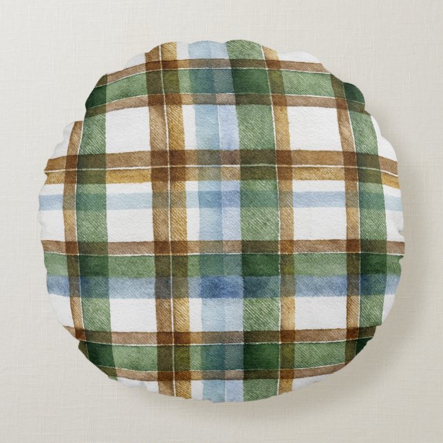 Green Brown Blue Plaid Stripes Round Pillow (Front)