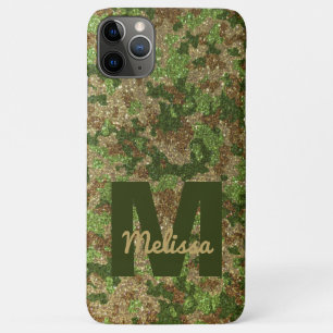 Green Brown Camouflage Glitter Camo Monogram Name iPhone 11 Pro Max Case