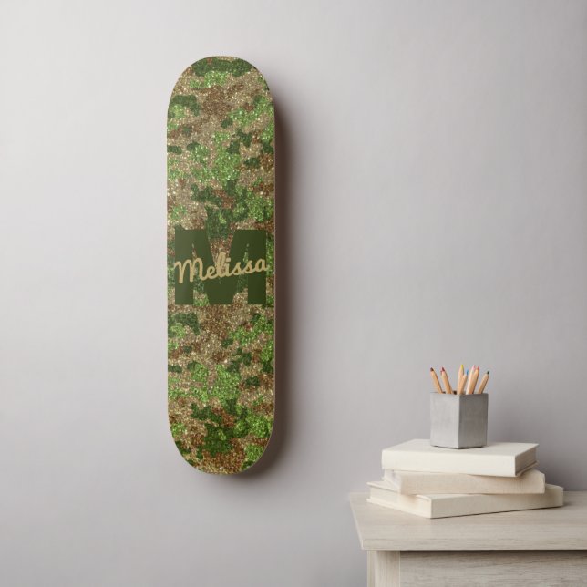 Green Brown Camouflage Glitter Camo Monogram Name Skateboard (Wall Art)