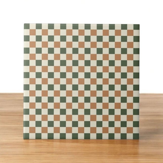 Green & Brown Chequered Pattern Retro Minimalist Tile (Creator Uploaded)