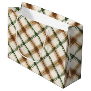 Green Brown Cream Plaid Stripes Birthday Large Gift Bag