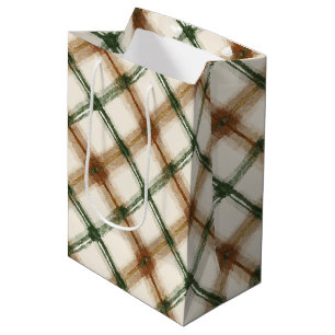 Green Brown Cream Plaid Stripes Birthday Medium Gift Bag