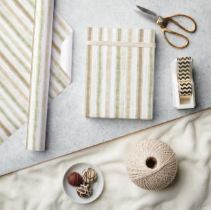 Green Brown Cream Stripes Birthday Wrapping Paper
