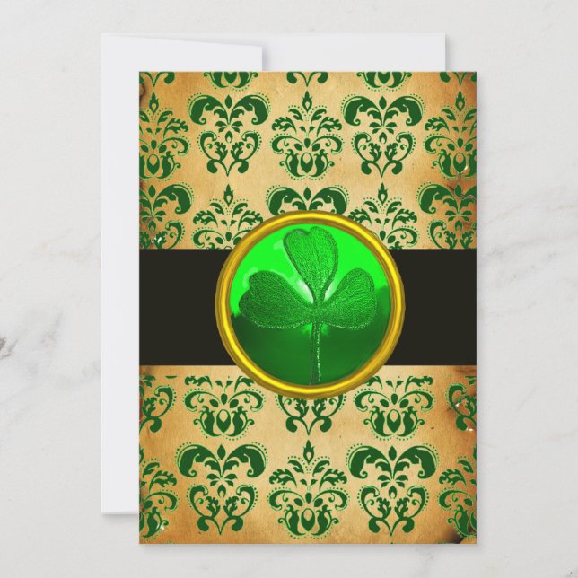 GREEN BROWN DAMASK  PARCHMENT WITH SHAMROCK  Black Invitation (Front)