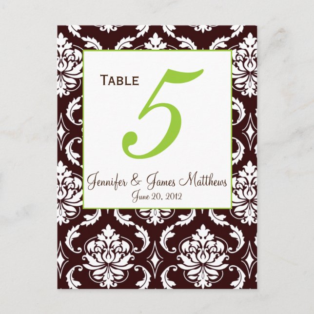 Green Brown Damask Wedding Table Number Card (Front)