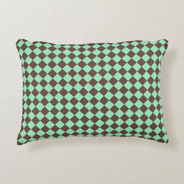 Green Brown Diamond Chequered Pattern Accent Pillow (Front)