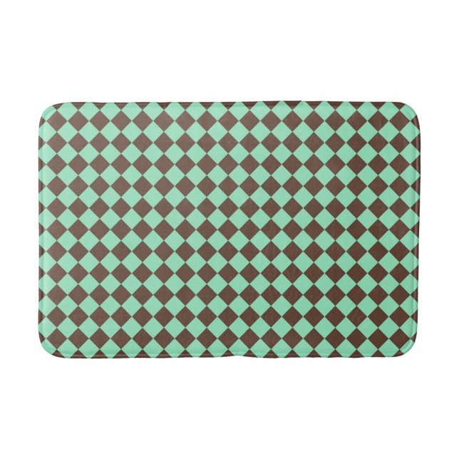 Green Brown Diamond Chequered Pattern Bath Mat (Front)