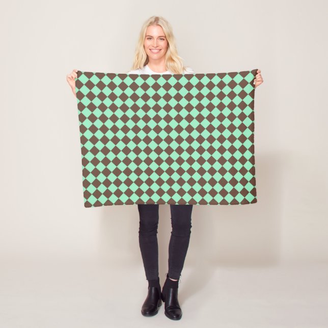 Green Brown Diamond Chequered Pattern Fleece Blanket (In Situ)