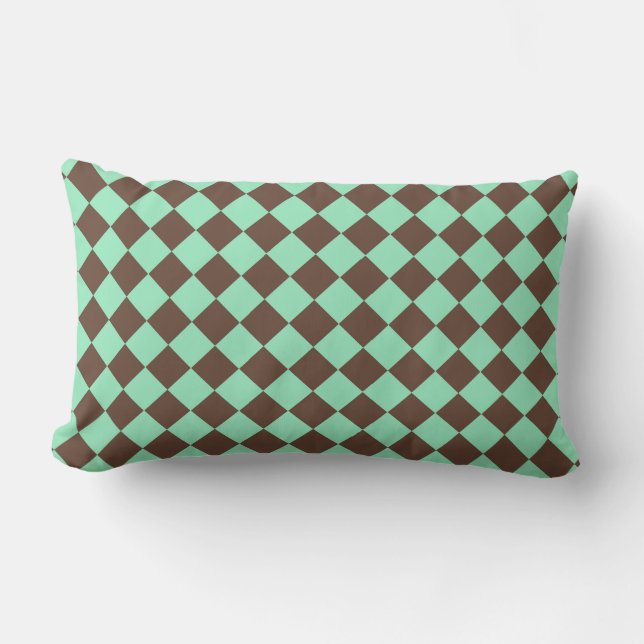 Green Brown Diamond Chequered Pattern Lumbar Pillow (Front)