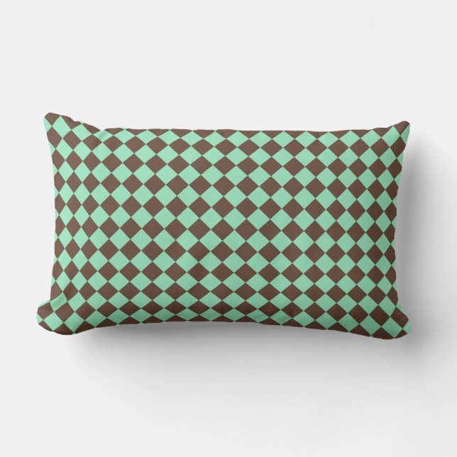 Green Brown Diamond Chequered Pattern Lumbar Pillow (Front)