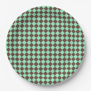 Green Brown Diamond Chequered Pattern Paper Plate
