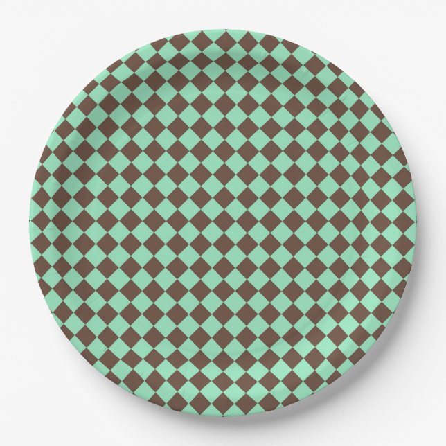 Green Brown Diamond Chequered Pattern Paper Plate (Front)