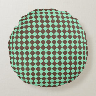 Green Brown Diamond Chequered Pattern Round Pillow