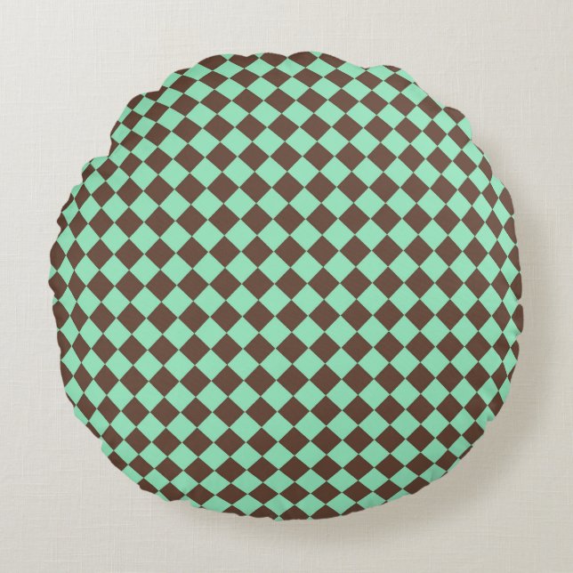 Green Brown Diamond Chequered Pattern Round Pillow (Front)