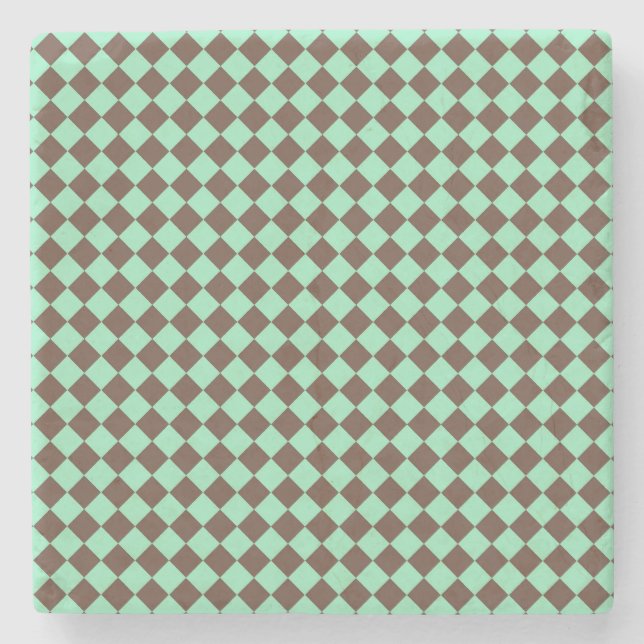 Green Brown Diamond Chequered Pattern Stone Coaster (Front)