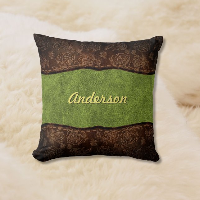Green+Brown Embossed Rose Custom Faux Leather Throw Pillow (Creator Uploaded)