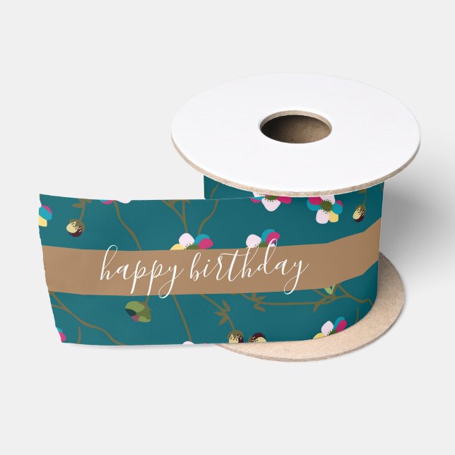 Green Brown Floral Custom Design Happy Birthday  Satin Ribbon (Spool)