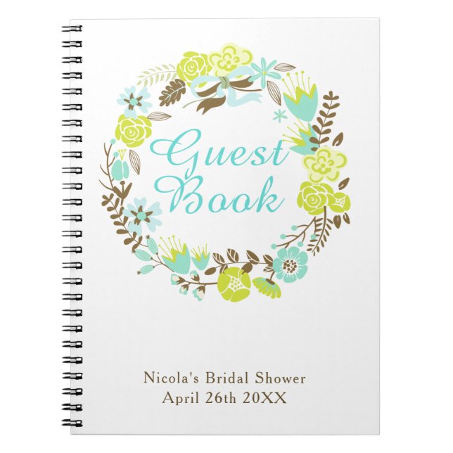 Green & Brown Floral Wreath Bridal Shower  Notebook (Front)