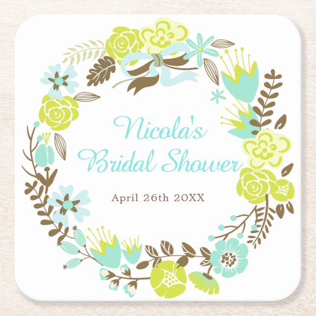 Green & Brown Floral Wreath Bridal Shower Square Paper Coaster (Front)
