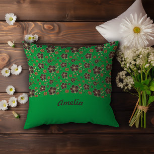 Green Brown Flowers Cottagecore Decor name Throw Pillow