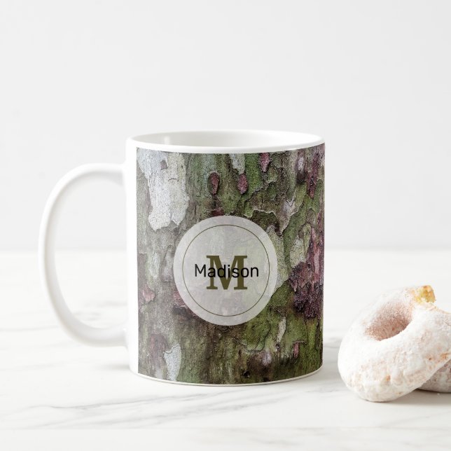 Green brown grey camouflage wood bark Monogram Coffee Mug (With Donut)
