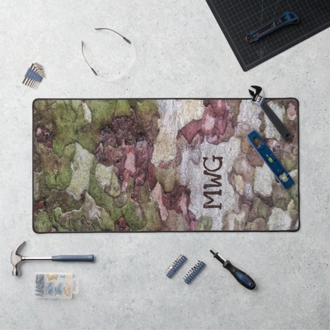 Green brown grey camouflage wood bark Monogram Desk Mat (Workstation)
