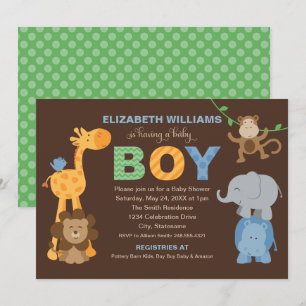 Green Brown Jungle Animals Baby Boy Shower Invitation