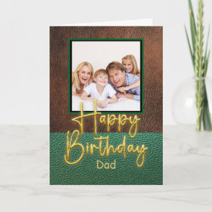 Green & Brown leather Gold Script Dad Birthday Card