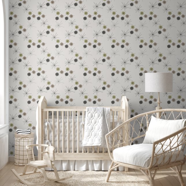 Green Brown Mid Century Modern Circle and Stars  Wallpaper (Kids)