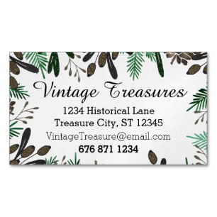 Green Brown Mint Colour Pine Cones Ferns Pattern Magnetic Business Card