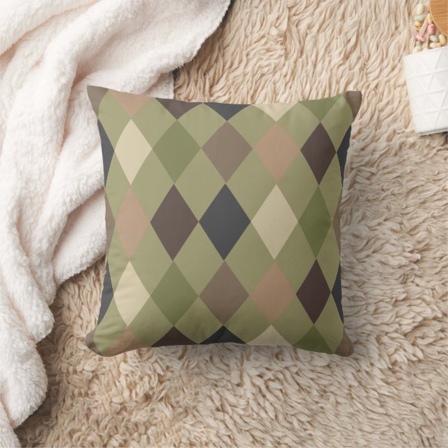 Green Brown Modern Camo Diamond Pattern Throw Pillow (Blanket)