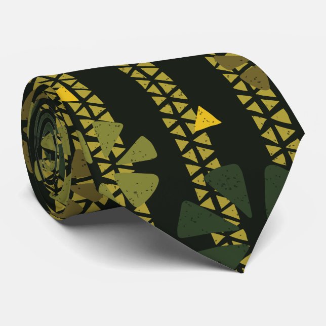 Green, Brown, Mustard Ethnic Print Striped Tie (Rolled)